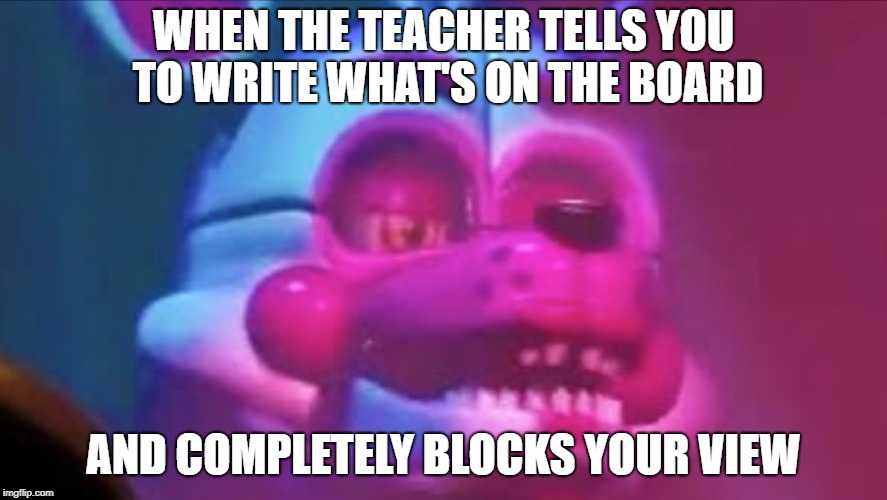 WHEN THE TEACHER TELLS YOU TO WRITE WHAT'S ON THE BOARD; AND COMPLETELY BLOCKS YOUR VIEW | image tagged in funtime foxy disgusted | made w/ Imgflip meme maker