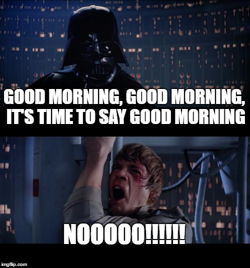 Nice day, isn't it? | GOOD MORNING, GOOD MORNING, IT'S TIME TO SAY GOOD MORNING; NOOOOO!!!!!! | image tagged in memes,star wars no,morning | made w/ Imgflip meme maker