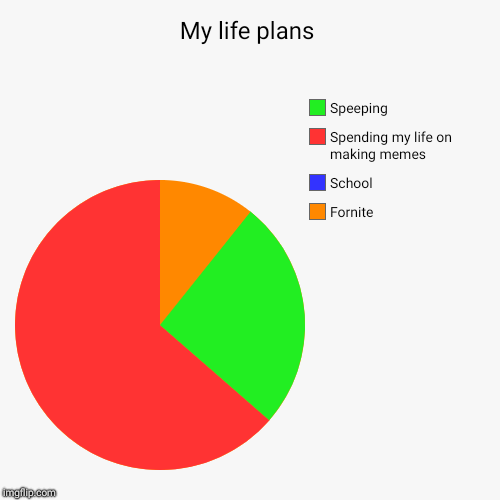 My life plans | Fornite, School, Spending my life on making memes, Speeping | image tagged in funny,pie charts | made w/ Imgflip chart maker