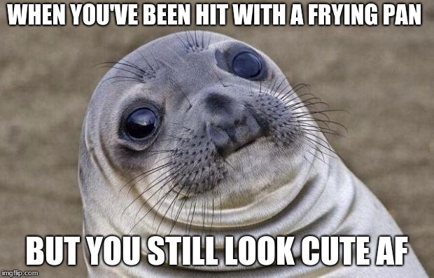 Awkward Moment Sealion Meme | WHEN YOU'VE BEEN HIT WITH A FRYING PAN; BUT YOU STILL LOOK CUTE AF | image tagged in memes,awkward moment sealion | made w/ Imgflip meme maker