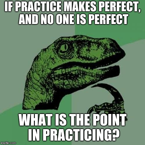 Philosoraptor | IF PRACTICE MAKES PERFECT, AND NO ONE IS PERFECT; WHAT IS THE POINT IN PRACTICING? | image tagged in memes,philosoraptor | made w/ Imgflip meme maker