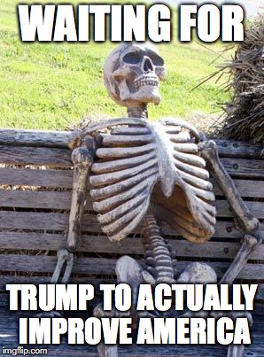 Waiting Skeleton | WAITING FOR; TRUMP TO ACTUALLY IMPROVE AMERICA | image tagged in memes,waiting skeleton | made w/ Imgflip meme maker