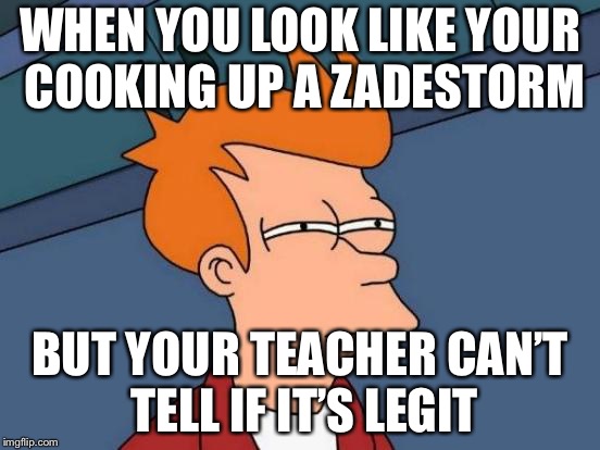 Futurama Fry Meme | WHEN YOU LOOK LIKE YOUR COOKING UP A ZADESTORM; BUT YOUR TEACHER CAN’T TELL IF IT’S LEGIT | image tagged in memes,futurama fry | made w/ Imgflip meme maker