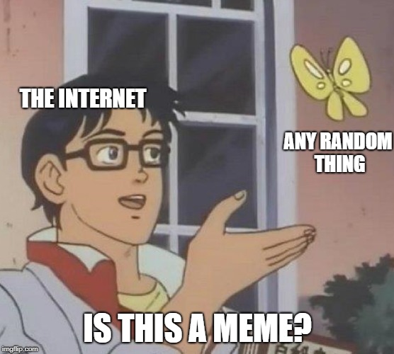 Is this a meme | THE INTERNET; ANY RANDOM THING; IS THIS A MEME? | image tagged in is this a pigeon | made w/ Imgflip meme maker