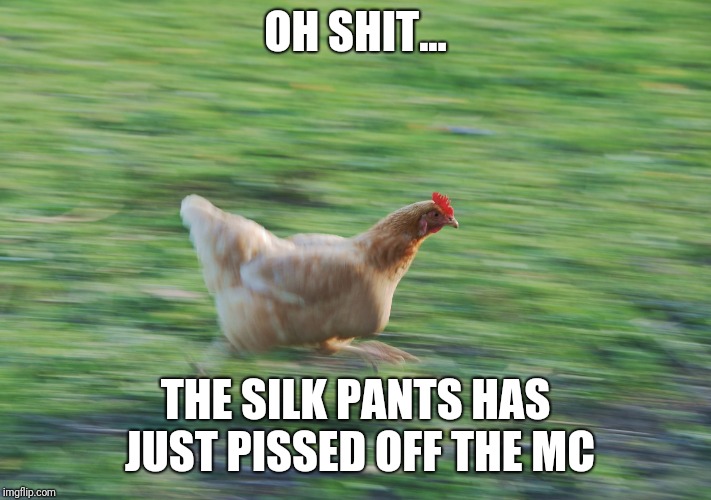 Running Chicken | OH SHIT... THE SILK PANTS HAS JUST PISSED OFF THE MC | image tagged in running chicken | made w/ Imgflip meme maker