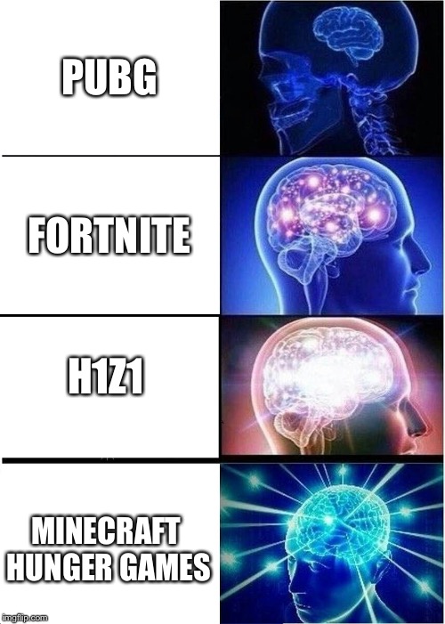Expanding Brain | PUBG; FORTNITE; H1Z1; MINECRAFT HUNGER GAMES | image tagged in memes,expanding brain | made w/ Imgflip meme maker