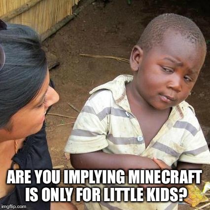 Third World Skeptical Kid Meme | ARE YOU IMPLYING MINECRAFT IS ONLY FOR LITTLE KIDS? | image tagged in memes,third world skeptical kid | made w/ Imgflip meme maker