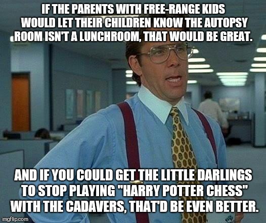 That Would Be Great Meme | IF THE PARENTS WITH FREE-RANGE KIDS WOULD LET THEIR CHILDREN KNOW THE AUTOPSY ROOM ISN'T A LUNCHROOM, THAT WOULD BE GREAT. AND IF YOU COULD GET THE LITTLE DARLINGS TO STOP PLAYING "HARRY POTTER CHESS" WITH THE CADAVERS, THAT'D BE EVEN BETTER. | image tagged in memes,that would be great | made w/ Imgflip meme maker