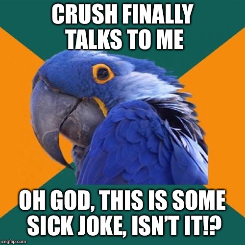 Paranoid Parrot | CRUSH FINALLY TALKS TO ME; OH GOD, THIS IS SOME SICK JOKE, ISN’T IT!? | image tagged in memes,paranoid parrot | made w/ Imgflip meme maker