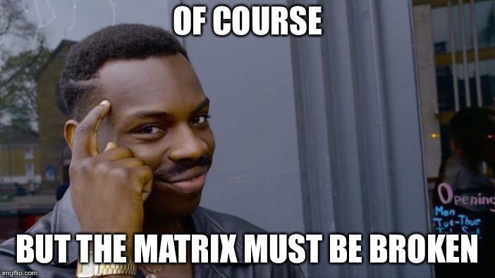 Roll Safe Think About It Meme | OF COURSE BUT THE MATRIX MUST BE BROKEN | image tagged in memes,roll safe think about it | made w/ Imgflip meme maker