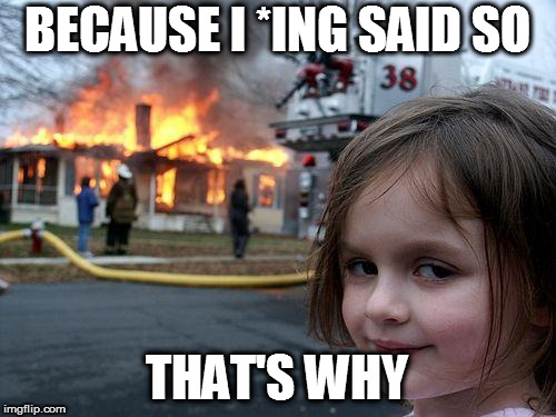 Disaster Girl Meme | BECAUSE I *ING SAID SO THAT'S WHY | image tagged in memes,disaster girl | made w/ Imgflip meme maker