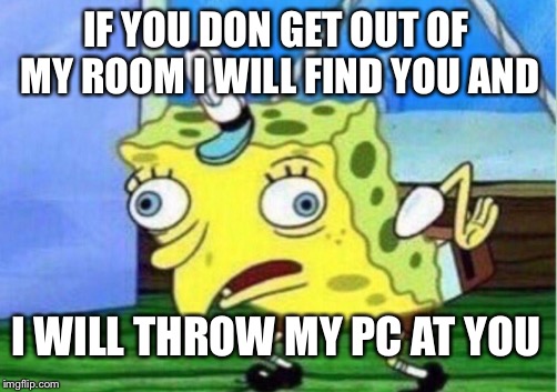 Mocking Spongebob Meme | IF YOU DON GET OUT OF MY ROOM I WILL FIND YOU AND; I WILL THROW MY PC AT YOU | image tagged in memes,mocking spongebob | made w/ Imgflip meme maker