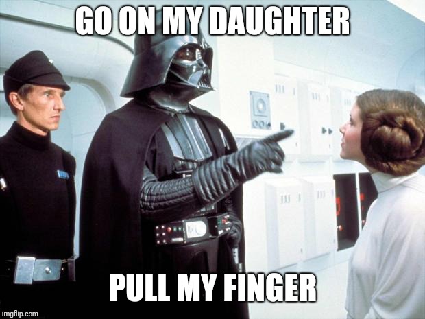 Darth Vader | GO ON MY DAUGHTER; PULL MY FINGER | image tagged in darth vader | made w/ Imgflip meme maker