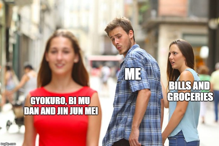 Distracted Boyfriend | ME; BILLS AND GROCERIES; GYOKURO, BI MU DAN AND JIN JUN MEI | image tagged in memes,distracted boyfriend | made w/ Imgflip meme maker