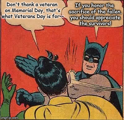 Batman Slapping Robin Meme | Don't thank a veteran on Memorial Day, that's what Veterans Day is for--; If you honor the sacrifice of the fallen, you should appreciate the survivors! | image tagged in memes,batman slapping robin | made w/ Imgflip meme maker