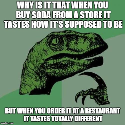 Philosoraptor | WHY IS IT THAT WHEN YOU BUY SODA FROM A STORE IT TASTES HOW IT'S SUPPOSED TO BE; BUT WHEN YOU ORDER IT AT A RESTAURANT IT TASTES TOTALLY DIFFERENT | image tagged in memes,philosoraptor,doctordoomsday180,soda,restaurant,store | made w/ Imgflip meme maker