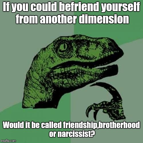 If you could befriend yourself from another dimension | If you could befriend yourself from another dimension; Would it be called friendship,brotherhood or narcissist? | image tagged in memes,philosoraptor | made w/ Imgflip meme maker