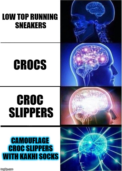 Expanding Brain Meme | LOW TOP RUNNING SNEAKERS; CROCS; CROC SLIPPERS; CAMOUFLAGE CROC SLIPPERS WITH KAKHI SOCKS | image tagged in memes,expanding brain | made w/ Imgflip meme maker