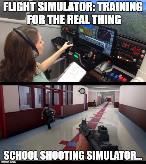 New video game which has players rack up point for killing students says it's just a simulation. | FLIGHT SIMULATOR: TRAINING FOR THE REAL THING; SCHOOL SHOOTING SIMULATOR... | image tagged in school shooting,gun control,debate,political meme | made w/ Imgflip meme maker