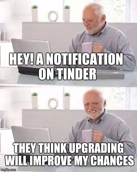 Hide the Pain Harold | HEY! A NOTIFICATION ON TINDER; THEY THINK UPGRADING WILL IMPROVE MY CHANCES | image tagged in memes,hide the pain harold | made w/ Imgflip meme maker