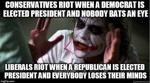 nobody bats an eye | CONSERVATIVES RIOT WHEN A DEMOCRAT IS ELECTED PRESIDENT AND NOBODY BATS AN EYE; LIBERALS RIOT WHEN A REPUBLICAN IS ELECTED PRESIDENT AND EVERYBODY LOSES THEIR MINDS | image tagged in nobody bats an eye,conservative,liberal,riot,hypocrisy,idiocy | made w/ Imgflip meme maker