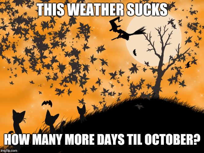 Hot weather sucks | THIS WEATHER SUCKS; HOW MANY MORE DAYS TIL OCTOBER? | image tagged in october,summer | made w/ Imgflip meme maker