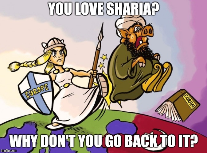 By demons be driven | YOU LOVE SHARIA? WHY DON'T YOU GO BACK TO IT? | image tagged in islam,hypocrisy | made w/ Imgflip meme maker