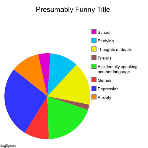 Literally me | Anxiety, Depression, Memes, Accidentally speaking another language, Friends, Thoughts of death, Studying, School | image tagged in funny,pie charts | made w/ Imgflip chart maker