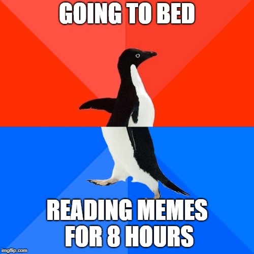 Socially Awesome Awkward Penguin Meme | GOING TO BED; READING MEMES FOR 8 HOURS | image tagged in memes,socially awesome awkward penguin | made w/ Imgflip meme maker