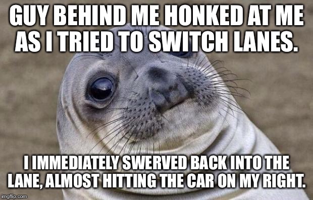 Awkward Moment Sealion Meme | GUY BEHIND ME HONKED AT ME AS I TRIED TO SWITCH LANES. I IMMEDIATELY SWERVED BACK INTO THE LANE, ALMOST HITTING THE CAR ON MY RIGHT. | image tagged in memes,awkward moment sealion,AdviceAnimals | made w/ Imgflip meme maker