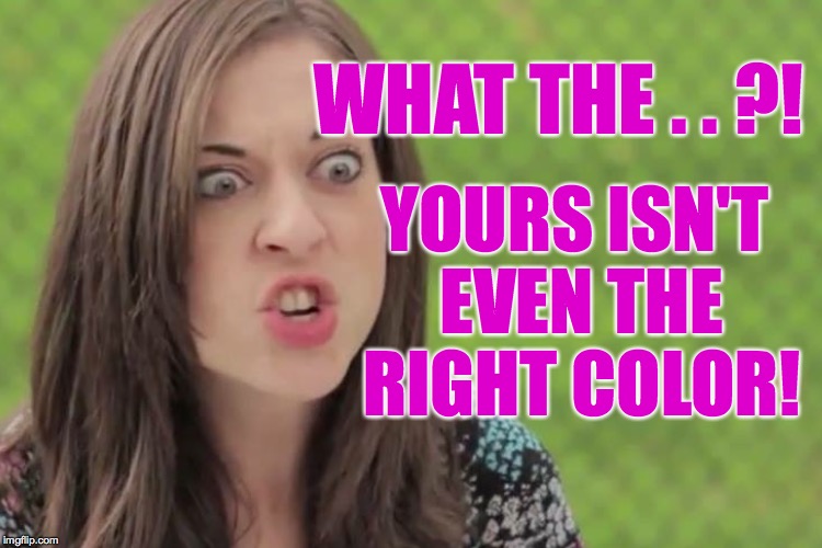 WHAT THE . . ?! YOURS ISN'T EVEN THE RIGHT COLOR! | made w/ Imgflip meme maker