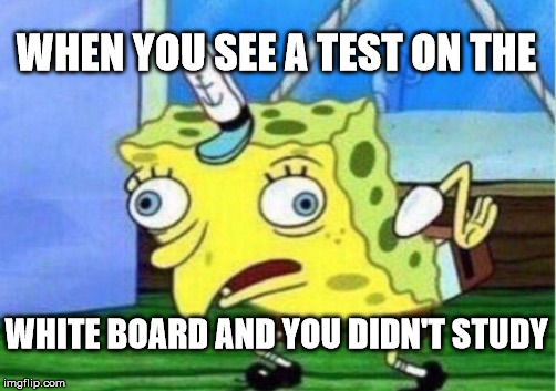 Oh god... | WHEN YOU SEE A TEST ON THE; WHITE BOARD AND YOU DIDN'T STUDY | image tagged in memes,mocking spongebob,scumbag,funny,meme | made w/ Imgflip meme maker