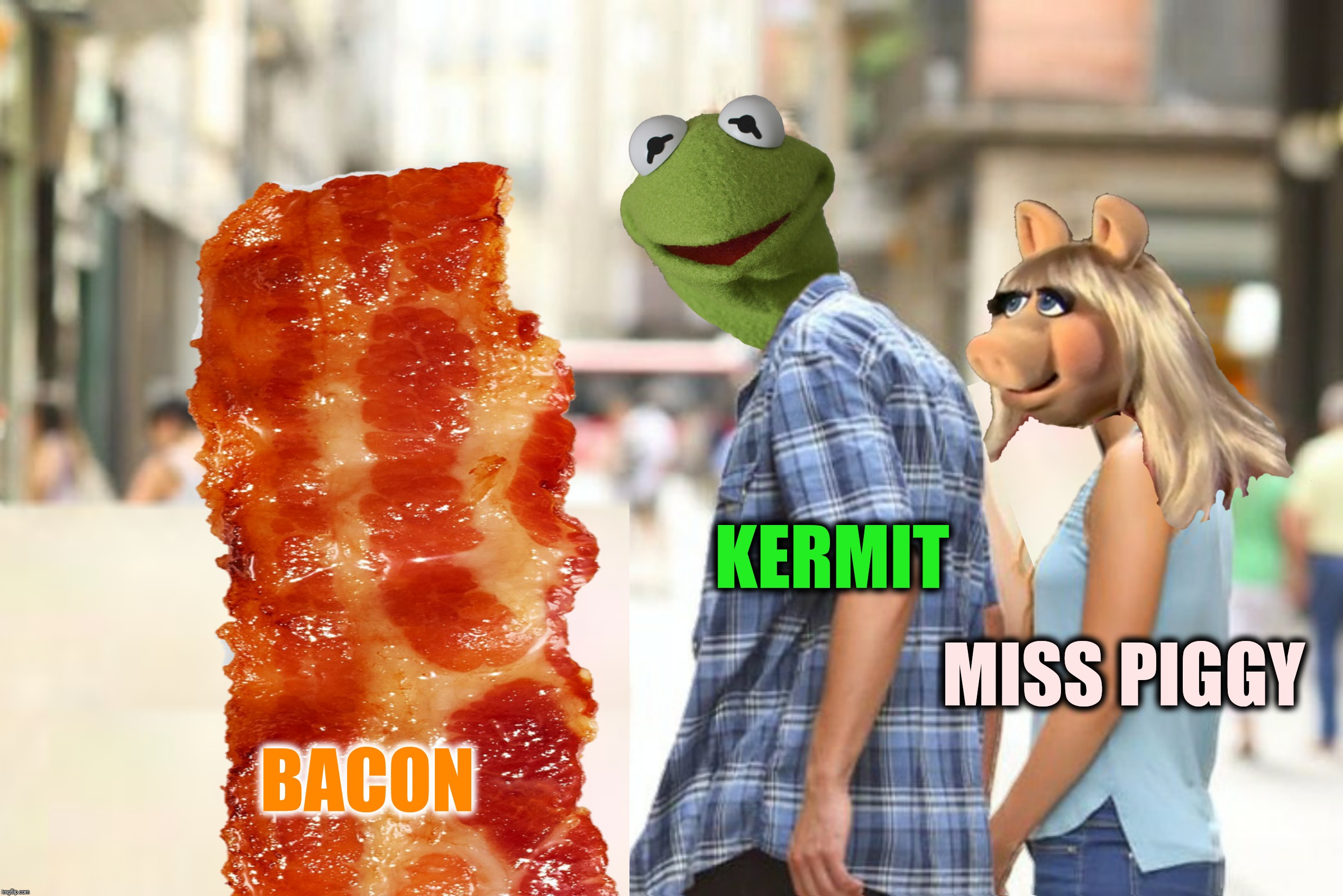Bad Photoshop Sunday presents:  Love hurts! | KERMIT; MISS PIGGY; BACON | image tagged in bad photoshop sunday,bacon,kermit the frog,miss piggy | made w/ Imgflip meme maker