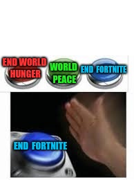 Blank Nut Button with 3 Buttons Above | WORLD PEACE; END 
FORTNITE; END WORLD HUNGER; END 
FORTNITE | image tagged in blank nut button with 3 buttons above | made w/ Imgflip meme maker