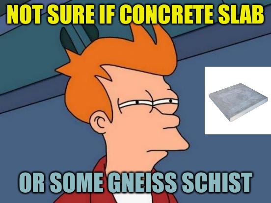 Concrete Slab Week. May 27 - Jun 4. A SilicaSandwhich and Clinkster event. | NOT SURE IF CONCRETE SLAB; OR SOME GNEISS SCHIST | image tagged in memes,futurama fry,silicasandwhich,clinkster,concrete slab week,bad pun concrete slab week | made w/ Imgflip meme maker