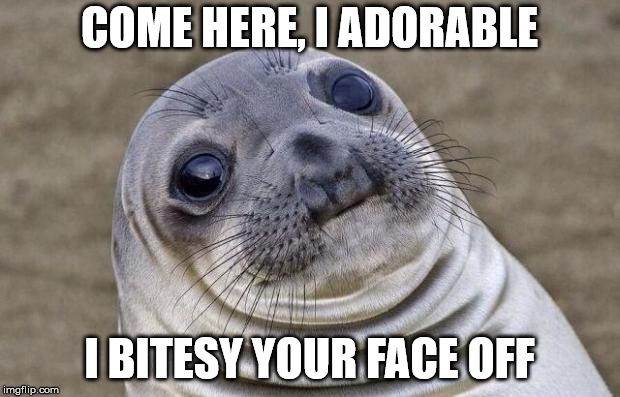 Awkward Moment Sealion Meme | COME HERE, I ADORABLE; I BITESY YOUR FACE OFF | image tagged in memes,awkward moment sealion | made w/ Imgflip meme maker