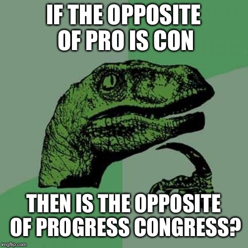 Philosoraptor | IF THE OPPOSITE OF PRO IS CON; THEN IS THE OPPOSITE OF PROGRESS CONGRESS? | image tagged in memes,philosoraptor | made w/ Imgflip meme maker