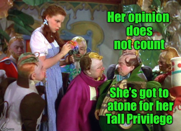Puttin’ ‘em in their place | Her opinion does not count; She’s got to atone for her Tall Privilege | image tagged in memes,short people,tall privilege,wizard of oz,munchkins,dorothy | made w/ Imgflip meme maker