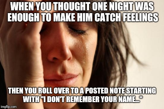 First World Problems Meme | WHEN YOU THOUGHT ONE NIGHT WAS ENOUGH TO MAKE HIM CATCH FEELINGS; THEN YOU ROLL OVER TO A POSTED NOTE STARTING WITH "I DON'T REMEMBER YOUR NAME..." | image tagged in memes,first world problems | made w/ Imgflip meme maker
