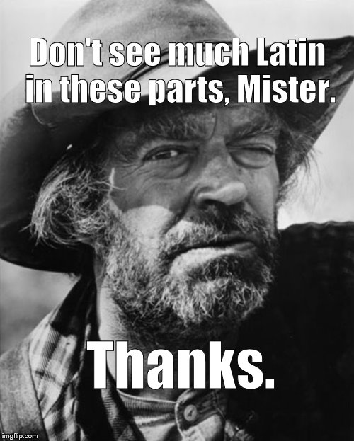 jack elam | Don't see much Latin in these parts, Mister. Thanks. | image tagged in jack elam | made w/ Imgflip meme maker