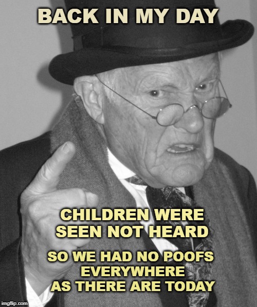 Back in my day | BACK IN MY DAY; CHILDREN WERE SEEN NOT HEARD; SO WE HAD NO POOFS EVERYWHERE AS THERE ARE TODAY | image tagged in back in my day | made w/ Imgflip meme maker