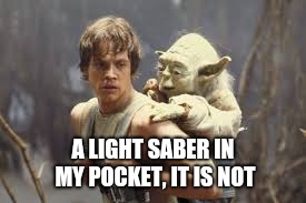 A light saber, it is not | A LIGHT SABER IN MY POCKET, IT IS NOT | image tagged in yoda,luke,empire strikes back,light saber | made w/ Imgflip meme maker