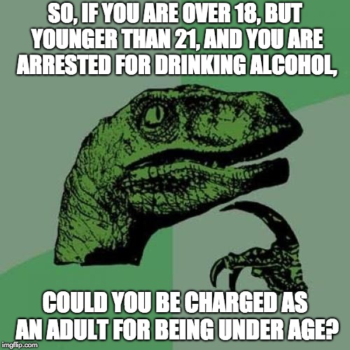 Philosoraptor | SO, IF YOU ARE OVER 18, BUT YOUNGER THAN 21, AND YOU ARE ARRESTED FOR DRINKING ALCOHOL, COULD YOU BE CHARGED AS AN ADULT FOR BEING UNDER AGE? | image tagged in memes,philosoraptor | made w/ Imgflip meme maker