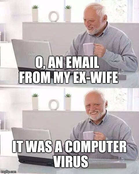 Hide the Pain Harold Meme | O, AN EMAIL FROM MY EX-WIFE; IT WAS A COMPUTER VIRUS | image tagged in memes,hide the pain harold | made w/ Imgflip meme maker