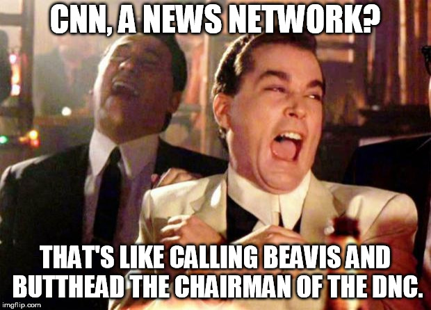 Wise guys laughing | CNN, A NEWS NETWORK? THAT'S LIKE CALLING BEAVIS AND BUTTHEAD THE CHAIRMAN OF THE DNC. | image tagged in wise guys laughing | made w/ Imgflip meme maker