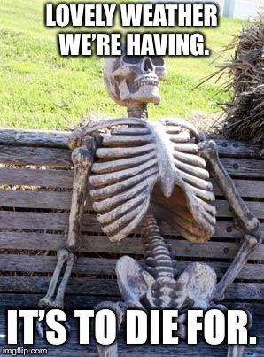 Weather skeleton | LOVELY WEATHER WE’RE HAVING. IT’S TO DIE FOR. | image tagged in memes,waiting skeleton | made w/ Imgflip meme maker