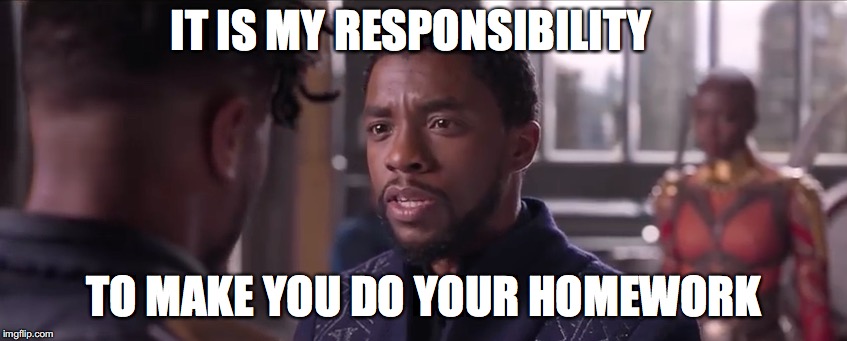 Responsibility  | IT IS MY RESPONSIBILITY; TO MAKE YOU DO YOUR HOMEWORK | image tagged in wakanda | made w/ Imgflip meme maker