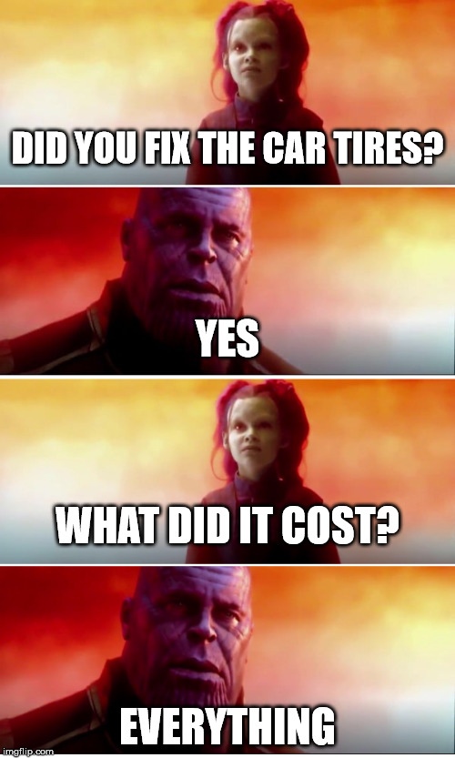 Winter tires | DID YOU FIX THE CAR TIRES? YES; WHAT DID IT COST? EVERYTHING | image tagged in thanos snap,thanos what did it cost | made w/ Imgflip meme maker