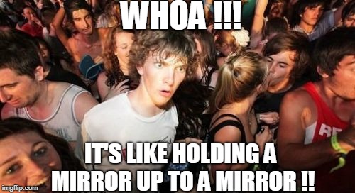 Sudden Clarity Clarence Meme | WHOA !!! IT'S LIKE HOLDING A MIRROR UP TO A MIRROR !! | image tagged in memes,sudden clarity clarence | made w/ Imgflip meme maker