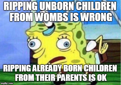 Mocking Spongebob Meme | RIPPING UNBORN CHILDREN FROM WOMBS IS WRONG RIPPING ALREADY BORN CHILDREN FROM THEIR PARENTS IS OK | image tagged in memes,mocking spongebob | made w/ Imgflip meme maker
